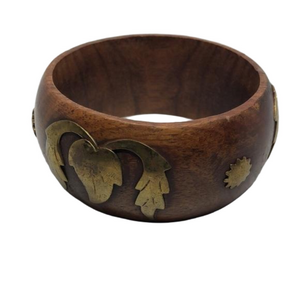 Artisan rustic style wood and brass boho festival statement bracelet